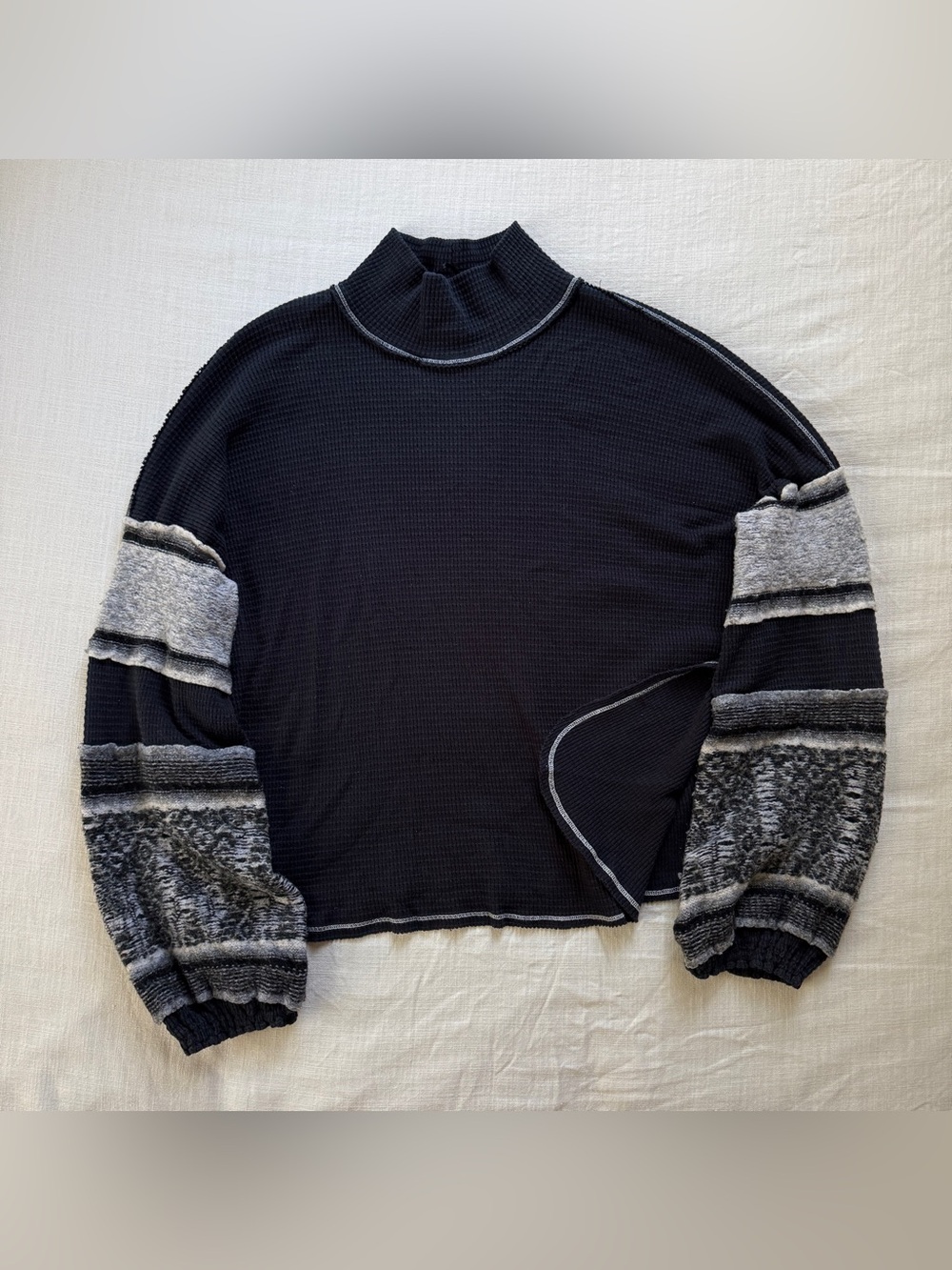 Free People Black Waffle Knit Mock Neck Mixed Sleeves Keyhole Back Sweater